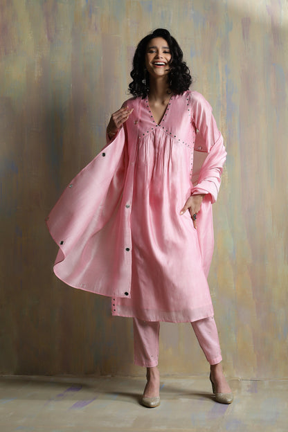 Light Pink High Slit Kurta Set - Set of 3 by Charkhee with Chanderi, Cotton, Festive Wear, Indian Wear, Kurta Pant Sets, Kurta Set With Dupatta, Natural, Pink, Regular Fit, Solids, Tyohaar II by Charkhee, Womenswear at Kamakhyaa for sustainable fashion