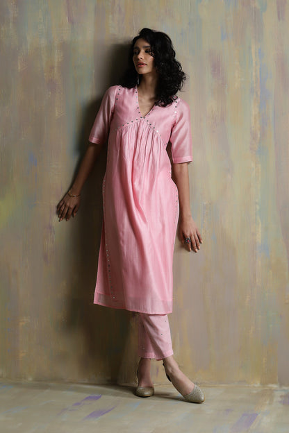 Light Pink High Slit Kurta Set - Set of 3 by Charkhee with Chanderi, Cotton, Festive Wear, Indian Wear, Kurta Pant Sets, Kurta Set With Dupatta, Natural, Pink, Regular Fit, Solids, Tyohaar II by Charkhee, Womenswear at Kamakhyaa for sustainable fashion