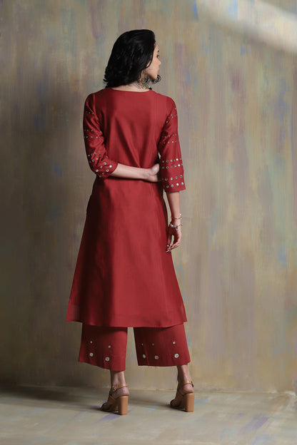 Red Gathered Kurta Set - Set of 3 by Charkhee with Chanderi, Cotton, Festive Wear, Indian Wear, Kurta Pant Sets, Kurta Set With Dupatta, Natural, Red, Regular Fit, Solids, Tyohaar II by Charkhee, Womenswear at Kamakhyaa for sustainable fashion