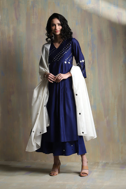 Sapphire Blue And White Bell Sleeves Kurta Set - Set of 3 by Charkhee with Blue, Chanderi, Cotton, Festive Wear, Indian Wear, Kurta Palazzo Sets, Kurta Set With Dupatta, Natural, Regular Fit, Solids, Tyohaar II by Charkhee, Womenswear at Kamakhyaa for sustainable fashion