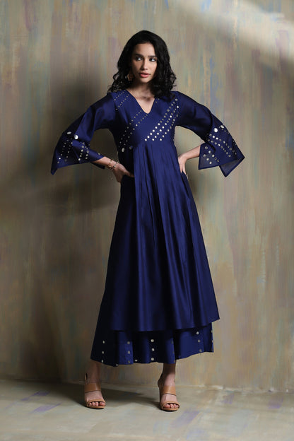 Sapphire Blue And White Bell Sleeves Kurta Set - Set of 3 by Charkhee with Blue, Chanderi, Cotton, Festive Wear, Indian Wear, Kurta Palazzo Sets, Kurta Set With Dupatta, Natural, Regular Fit, Solids, Tyohaar II by Charkhee, Womenswear at Kamakhyaa for sustainable fashion