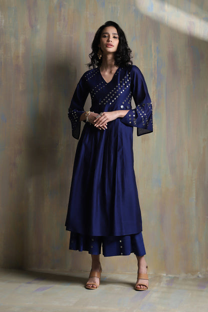 Sapphire Blue And White Bell Sleeves Kurta Set - Set of 3 by Charkhee with Blue, Chanderi, Cotton, Festive Wear, Indian Wear, Kurta Palazzo Sets, Kurta Set With Dupatta, Natural, Regular Fit, Solids, Tyohaar II by Charkhee, Womenswear at Kamakhyaa for sustainable fashion