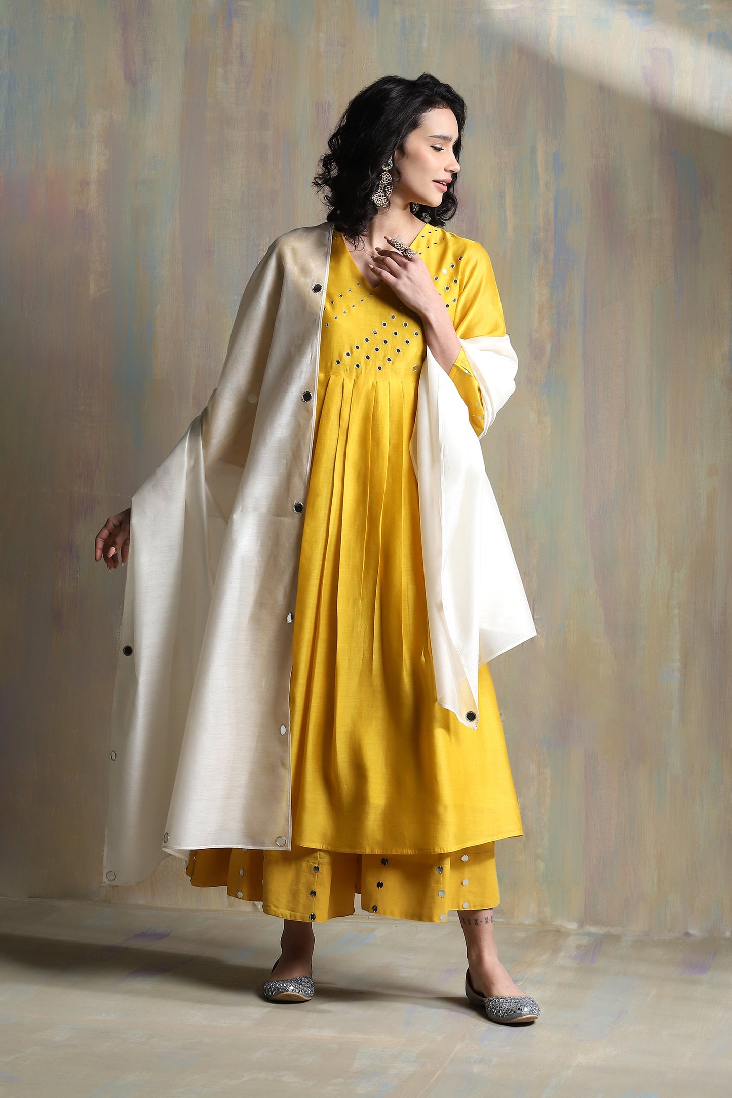 Yellow Bell Sleeves Kurta Set - Set of 3 by Charkhee with Chanderi, Cotton, Festive Wear, Indian Wear, Kurta Palazzo Sets, Kurta Set With Dupatta, Natural, Regular Fit, Solids, Tyohaar II by Charkhee, Womenswear, Yellow at Kamakhyaa for sustainable fashion