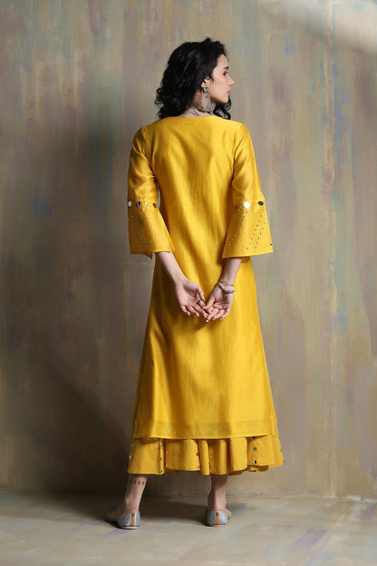 Yellow Bell Sleeves Kurta Set - Set of 3 by Charkhee with Chanderi, Cotton, Festive Wear, Indian Wear, Kurta Palazzo Sets, Kurta Set With Dupatta, Natural, Regular Fit, Solids, Tyohaar II by Charkhee, Womenswear, Yellow at Kamakhyaa for sustainable fashion