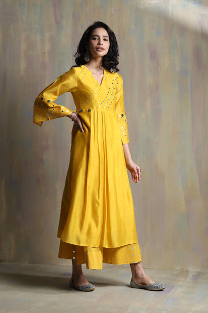 Yellow Bell Sleeves Kurta Set - Set of 3 by Charkhee with Chanderi, Cotton, Festive Wear, Indian Wear, Kurta Palazzo Sets, Kurta Set With Dupatta, Natural, Regular Fit, Solids, Tyohaar II by Charkhee, Womenswear, Yellow at Kamakhyaa for sustainable fashion