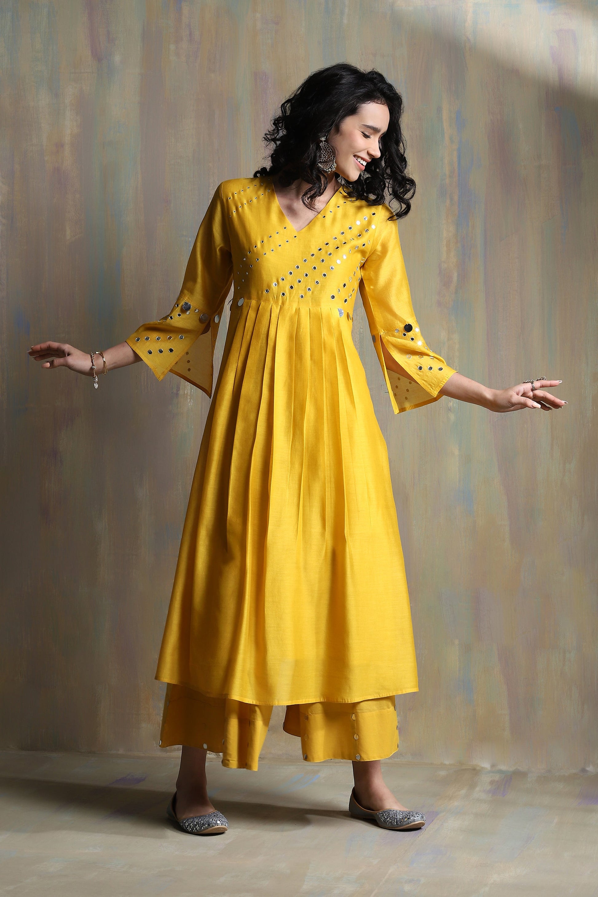 Yellow Bell Sleeves Kurta Set - Set of 3 by Charkhee with Chanderi, Cotton, Festive Wear, Indian Wear, Kurta Palazzo Sets, Kurta Set With Dupatta, Natural, Regular Fit, Solids, Tyohaar II by Charkhee, Womenswear, Yellow at Kamakhyaa for sustainable fashion