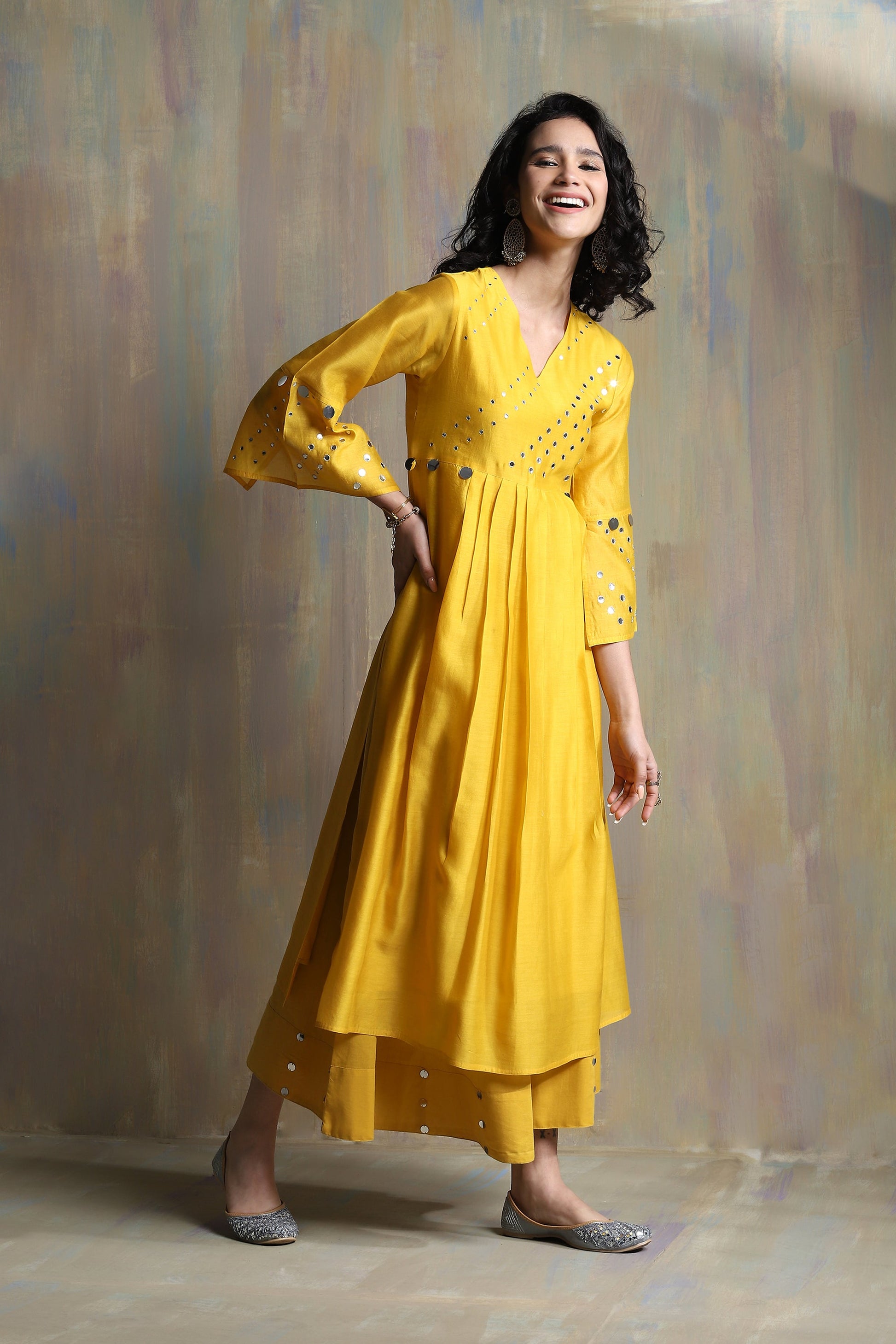 Yellow Bell Sleeves Kurta Set - Set of 3 by Charkhee with Chanderi, Cotton, Festive Wear, Indian Wear, Kurta Palazzo Sets, Kurta Set With Dupatta, Natural, Regular Fit, Solids, Tyohaar II by Charkhee, Womenswear, Yellow at Kamakhyaa for sustainable fashion