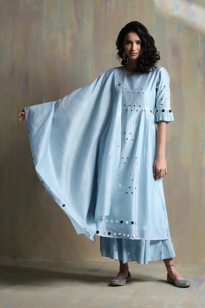 Cool Blue Pleated Kurta Set - Set of 3 by Charkhee with Blue, Chanderi, Cotton, Festive Wear, Indian Wear, Kurta Palazzo Sets, Kurta Set With Dupatta, Natural, Regular Fit, Solids, Tyohaar II by Charkhee, Womenswear at Kamakhyaa for sustainable fashion