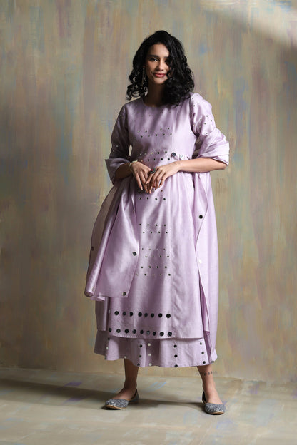 Lilac Pleated Kurta Set - Set of 3 by Charkhee with Chanderi, Cotton, Festive Wear, Indian Wear, Kurta Palazzo Sets, Kurta Set With Dupatta, Lilac, Natural, Regular Fit, Solids, Tyohaar II by Charkhee, Wedding Gifts, Womenswear at Kamakhyaa for sustainable fashion