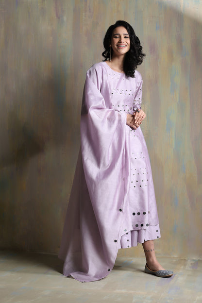 Lilac Pleated Kurta Set - Set of 3 by Charkhee with Chanderi, Cotton, Festive Wear, Indian Wear, Kurta Palazzo Sets, Kurta Set With Dupatta, Lilac, Natural, Regular Fit, Solids, Tyohaar II by Charkhee, Wedding Gifts, Womenswear at Kamakhyaa for sustainable fashion