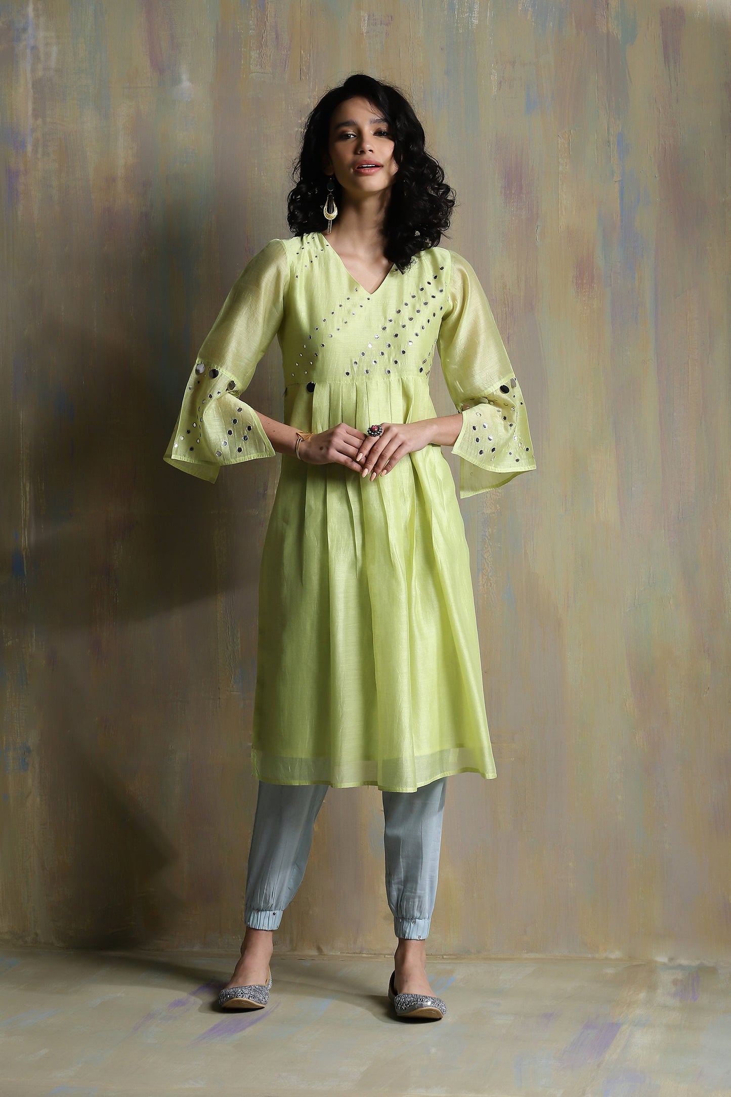 Lime Yellow Chanderi Kurta Set With Dupatta - Set of 3 by Charkhee with Chanderi, Cotton, Festive Wear, Indian Wear, Kurta Pant Sets, Kurta Set With Dupatta, Natural, Regular Fit, Solids, Tyohaar II by Charkhee, Womenswear, Yellow at Kamakhyaa for sustainable fashion