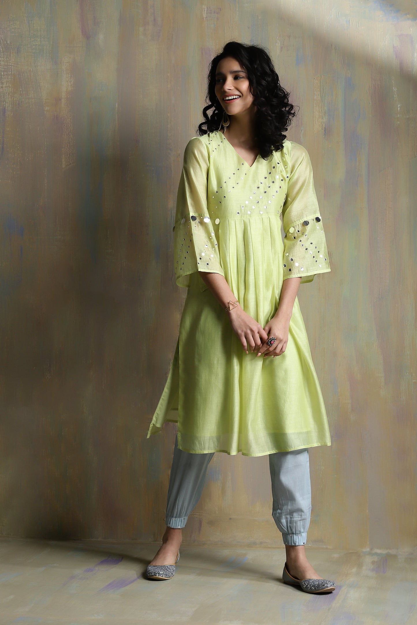 Lime Yellow Chanderi Kurta Set With Dupatta - Set of 3 by Charkhee with Chanderi, Cotton, Festive Wear, Indian Wear, Kurta Pant Sets, Kurta Set With Dupatta, Natural, Regular Fit, Solids, Tyohaar II by Charkhee, Womenswear, Yellow at Kamakhyaa for sustainable fashion