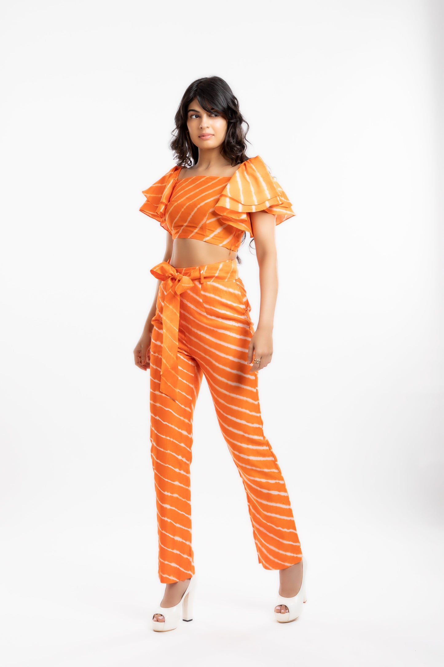 Orange Crop Top with Ruffles Tops Ajrakh Collection, Casual Wear, Chanderi, Cotton, Crop Tops, Fitted at Bust, Fitted Fit, Leheriya Collection, Natural, Orange, Silk, Stripes House Of Ara Kamakhyaa