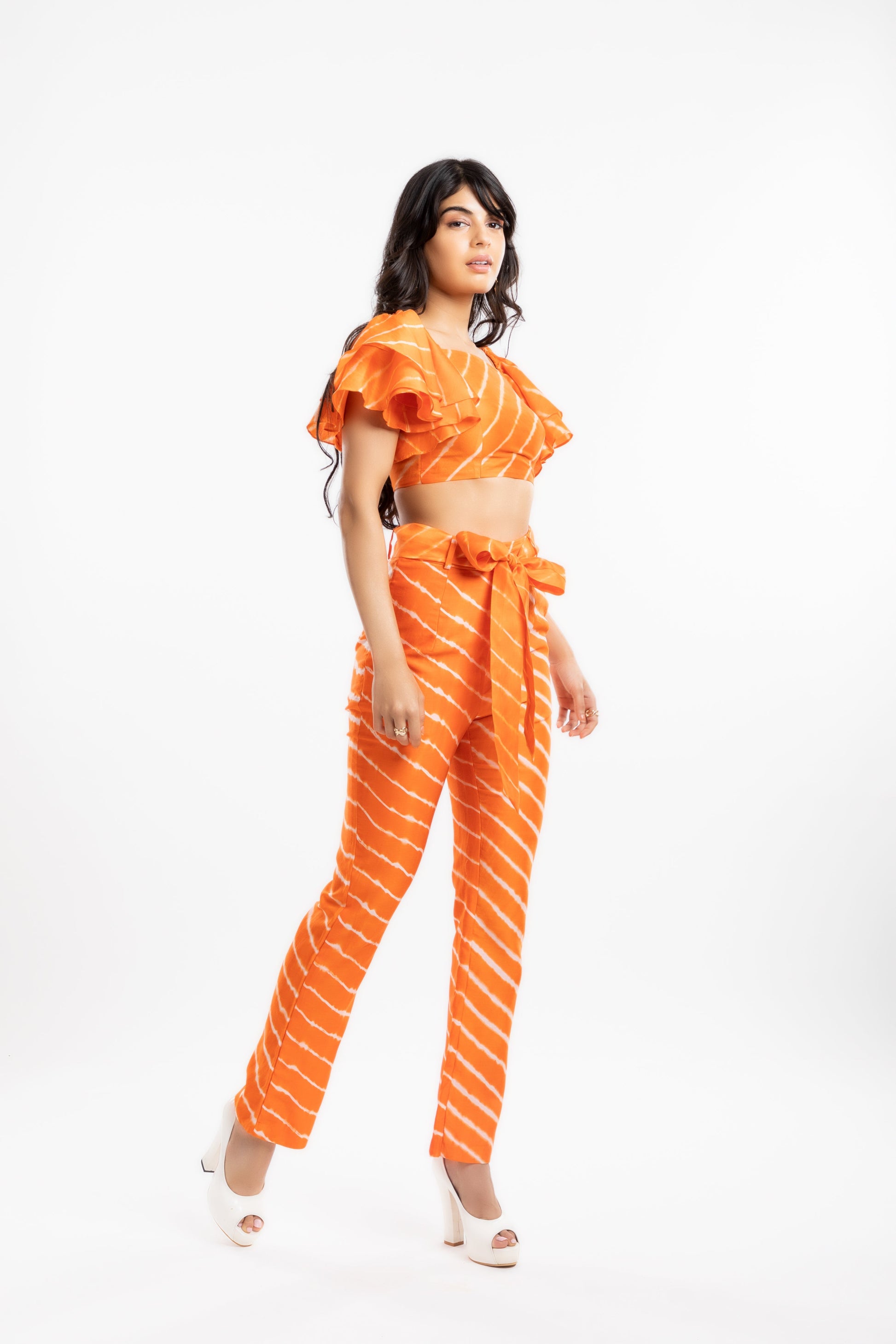 Orange High-Rise Straight Trousers by House Of Ara with Casual Wear, Chanderi, Cotton, Fitted at Waist, Leheriya, Leheriya Collection, Natural, Orange, Silk, Stripes, Trousers, Womenswear at Kamakhyaa for sustainable fashion