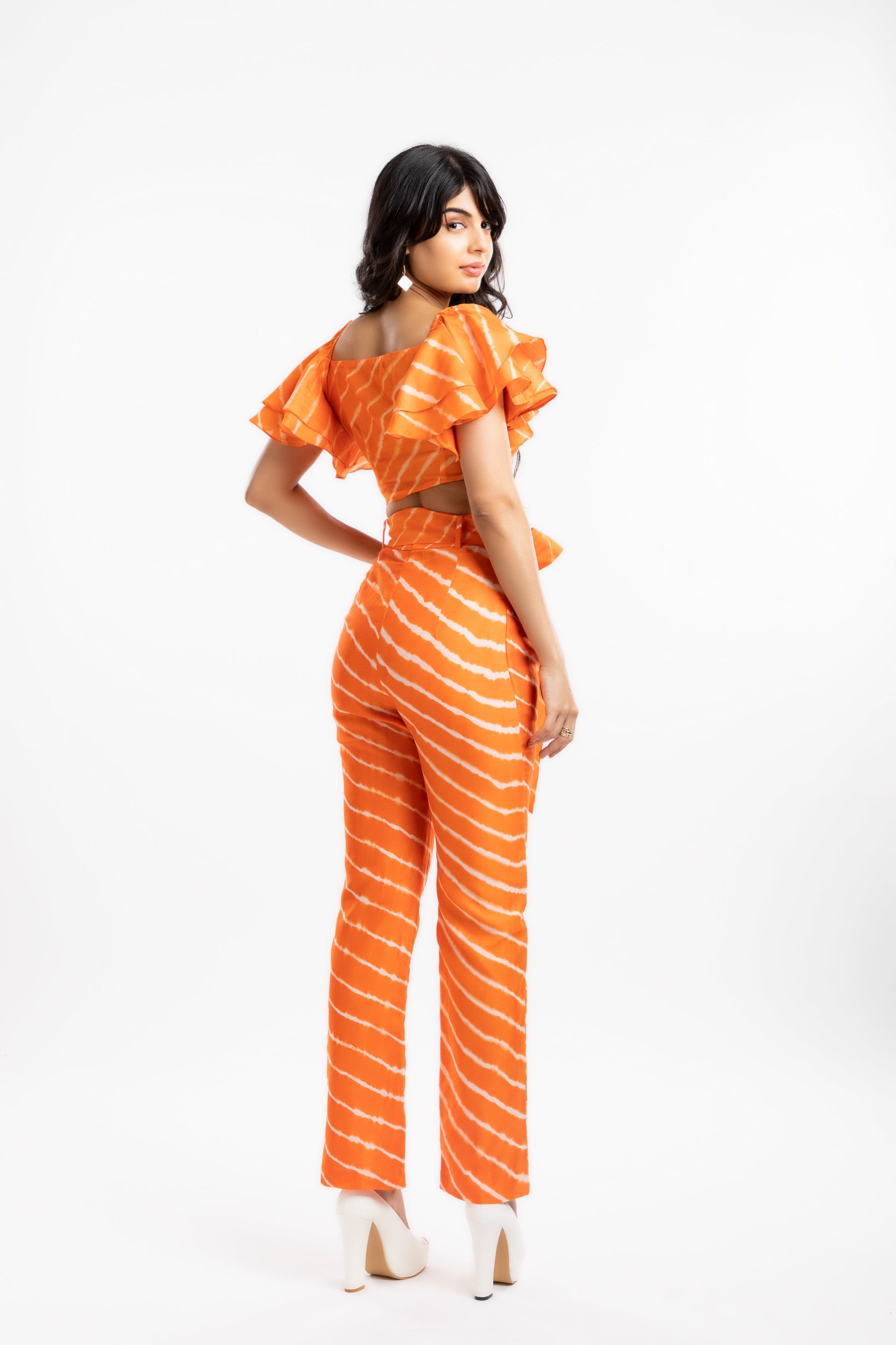 Orange Crop Top with Ruffles by House Of Ara with Casual Wear, Chanderi, Cotton, Crop Tops, Fitted at Bust, Leheriya, Leheriya Collection, Natural, Off-shoulder Tops, Orange, Silk, Stripes, Womenswear at Kamakhyaa for sustainable fashion