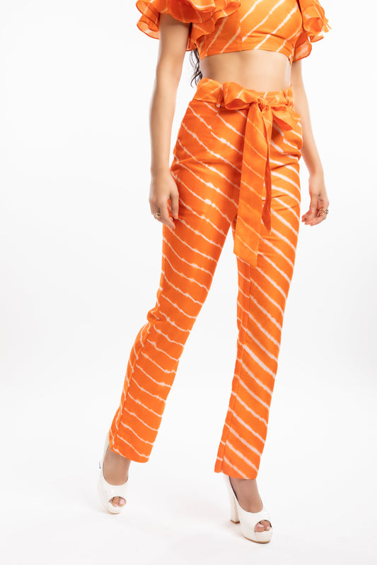 Orange High-Rise Straight Trousers by House Of Ara with Casual Wear, Chanderi, Cotton, Fitted at Waist, Leheriya, Leheriya Collection, Natural, Orange, Silk, Stripes, Trousers, Womenswear at Kamakhyaa for sustainable fashion