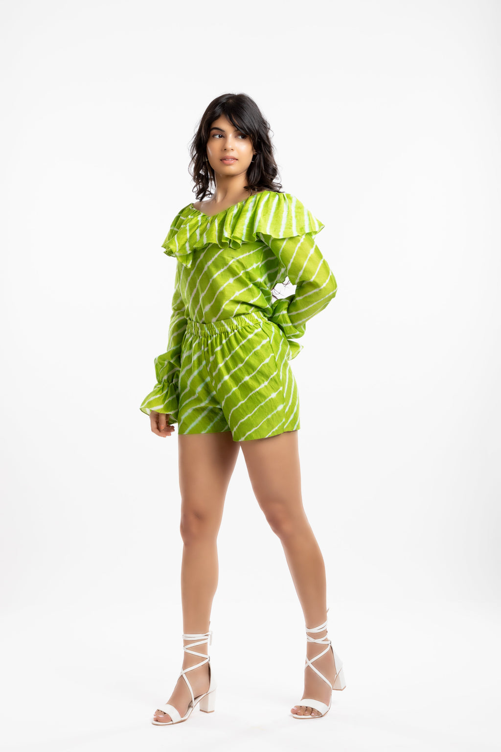 Green Ruffled Tops by House Of Ara with Casual Wear, Chanderi, Green, Leheriya, Leheriya Collection, Natural, Off-shoulder Tops, Regular Fit, Ruffle Tops, Stripes, Womenswear at Kamakhyaa for sustainable fashion