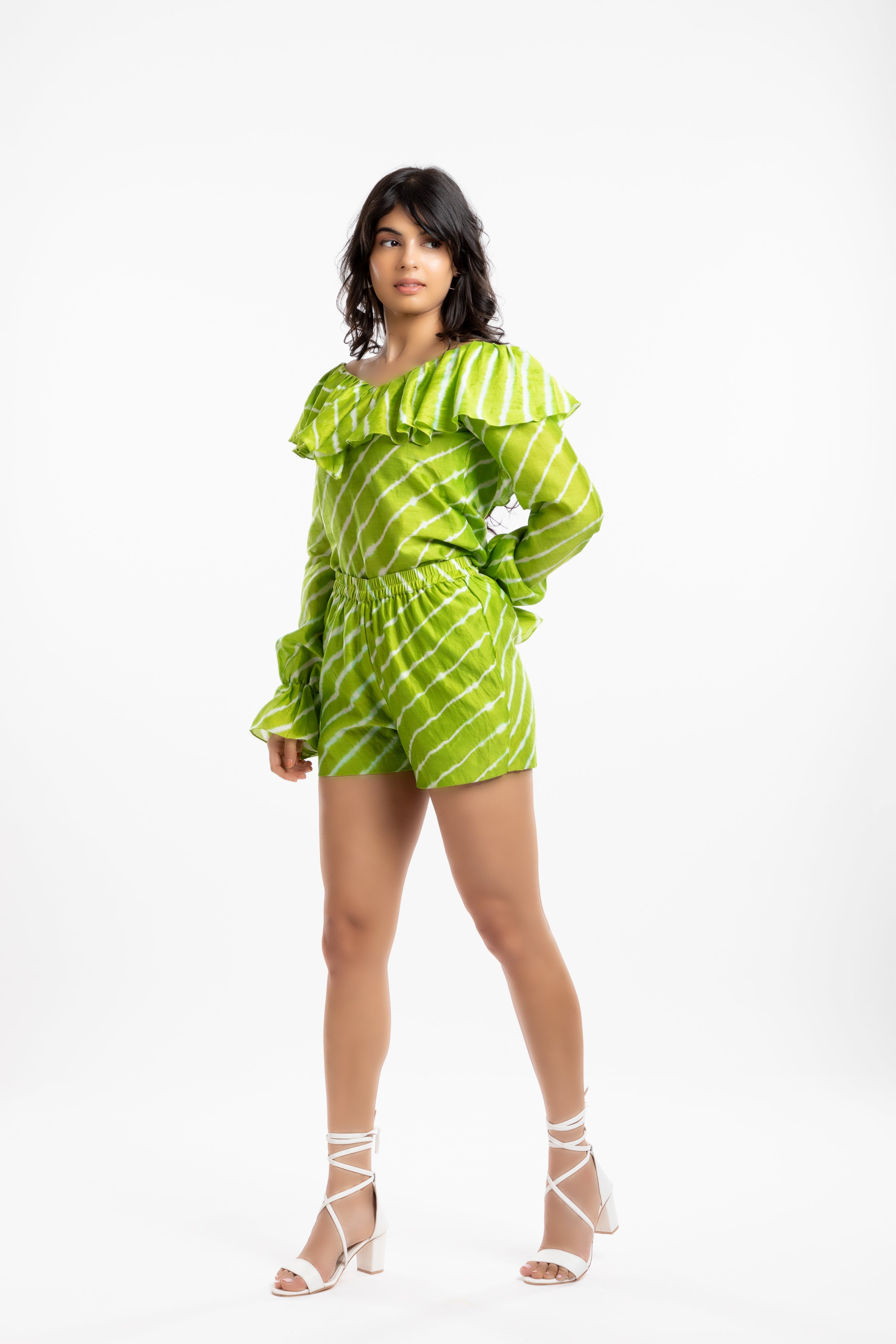 Green Ruffled Tops by House Of Ara with Casual Wear, Chanderi, Green, Leheriya, Leheriya Collection, Natural, Off-shoulder Tops, Regular Fit, Ruffle Tops, Stripes, Womenswear at Kamakhyaa for sustainable fashion