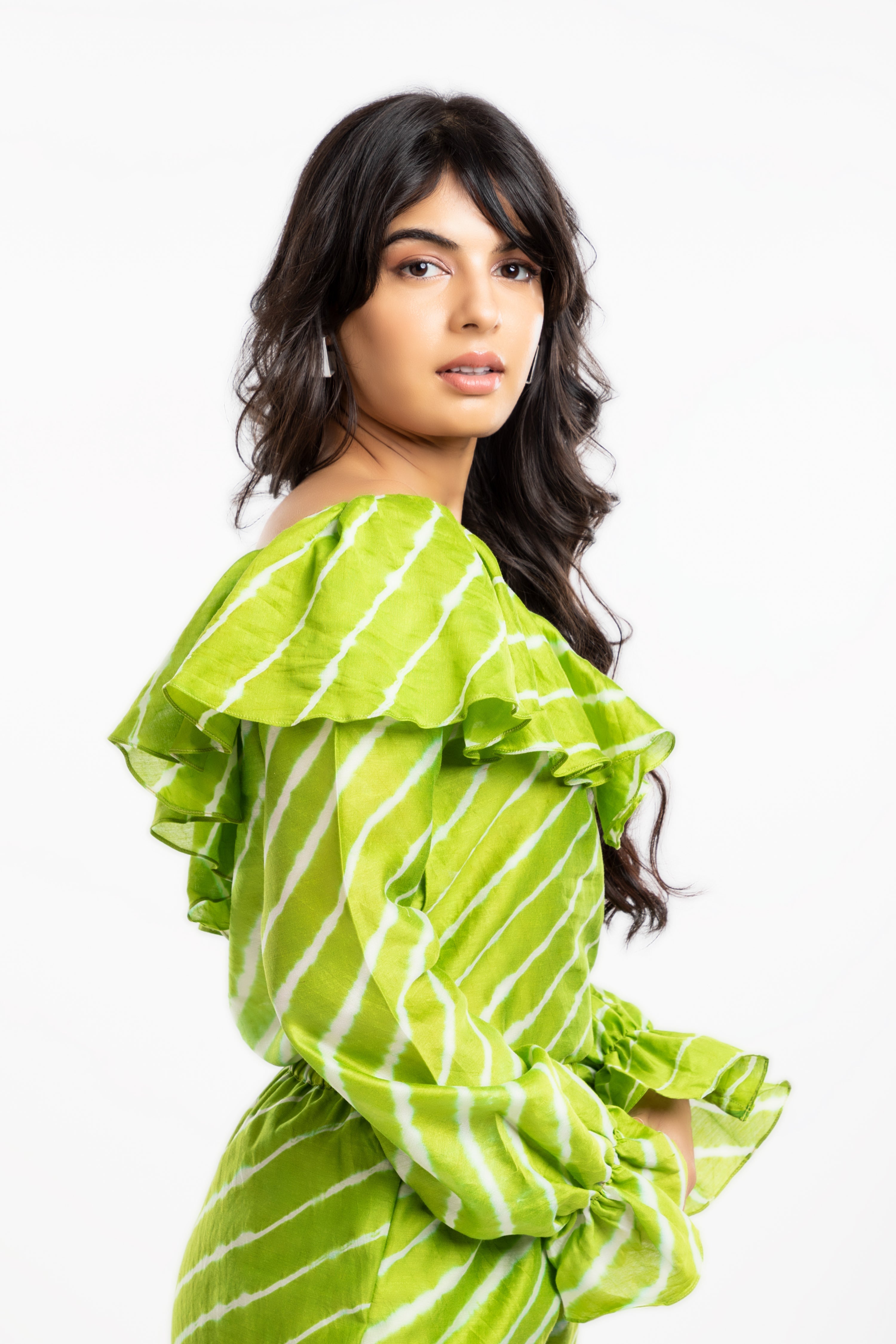Green Ruffled Tops by House Of Ara with Casual Wear, Chanderi, Green, Leheriya, Leheriya Collection, Natural, Off-shoulder Tops, Regular Fit, Ruffle Tops, Stripes, Womenswear at Kamakhyaa for sustainable fashion