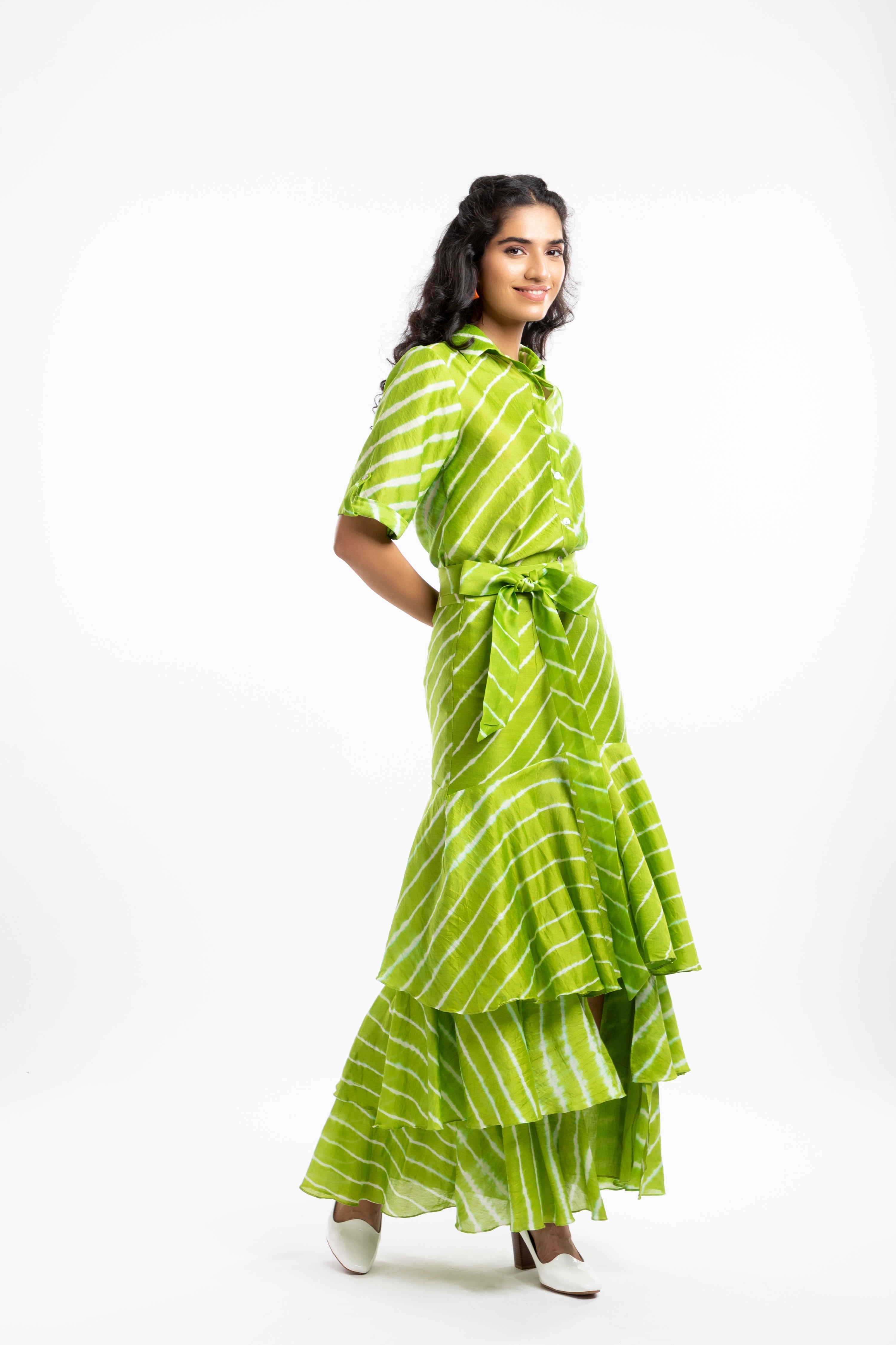 Green Tiered Ruffled Skirt by House Of Ara with Casual Wear, Chanderi, Fitted at Waist, Green, Leheriya, Leheriya Collection, Maxi Skirts, Natural, Prints, Skirts, Stripes, Womenswear at Kamakhyaa for sustainable fashion