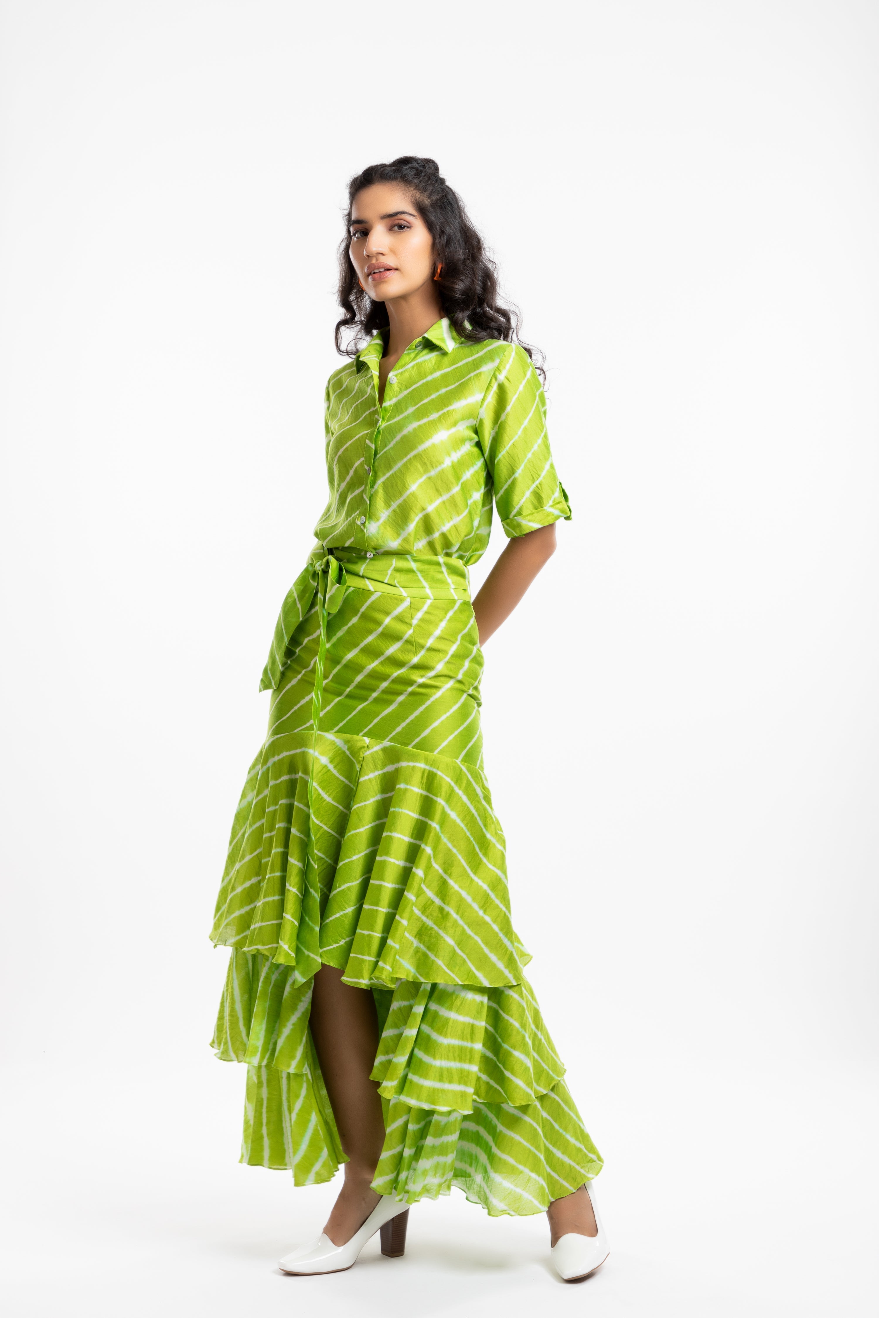 Green Tiered Ruffled Skirt by House Of Ara with Casual Wear, Chanderi, Fitted at Waist, Green, Leheriya, Leheriya Collection, Maxi Skirts, Natural, Prints, Skirts, Stripes, Womenswear at Kamakhyaa for sustainable fashion