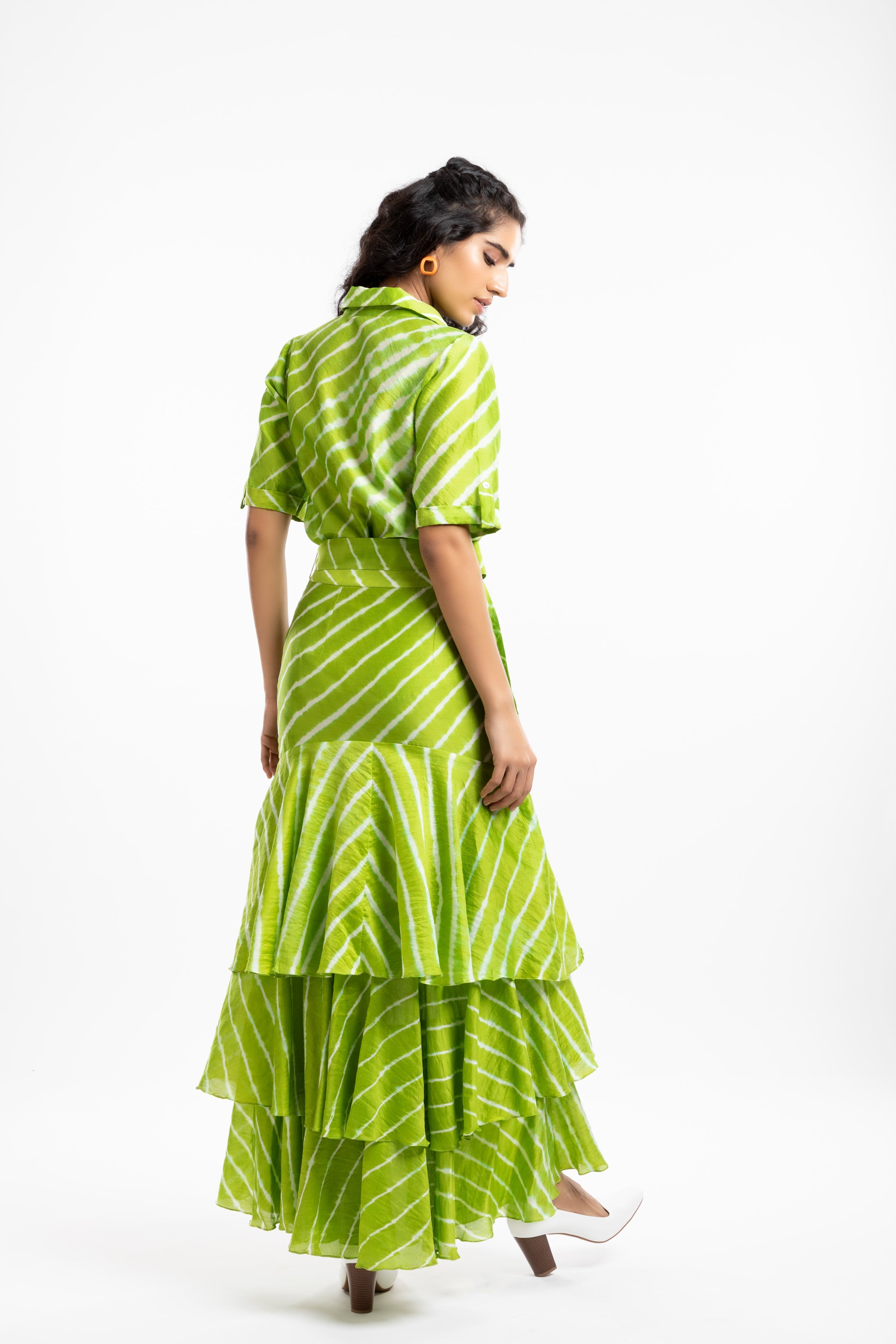 Green Tiered Ruffled Skirt by House Of Ara with Casual Wear, Chanderi, Fitted at Waist, Green, Leheriya, Leheriya Collection, Maxi Skirts, Natural, Prints, Skirts, Stripes, Womenswear at Kamakhyaa for sustainable fashion