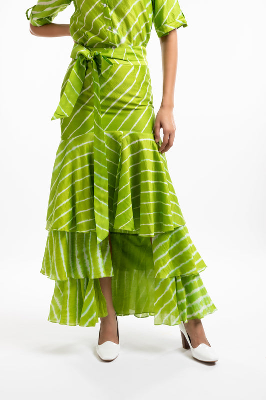 Green Tiered Ruffled Skirt by House Of Ara with Casual Wear, Chanderi, Fitted at Waist, Green, Leheriya, Leheriya Collection, Maxi Skirts, Natural, Prints, Skirts, Stripes, Womenswear at Kamakhyaa for sustainable fashion