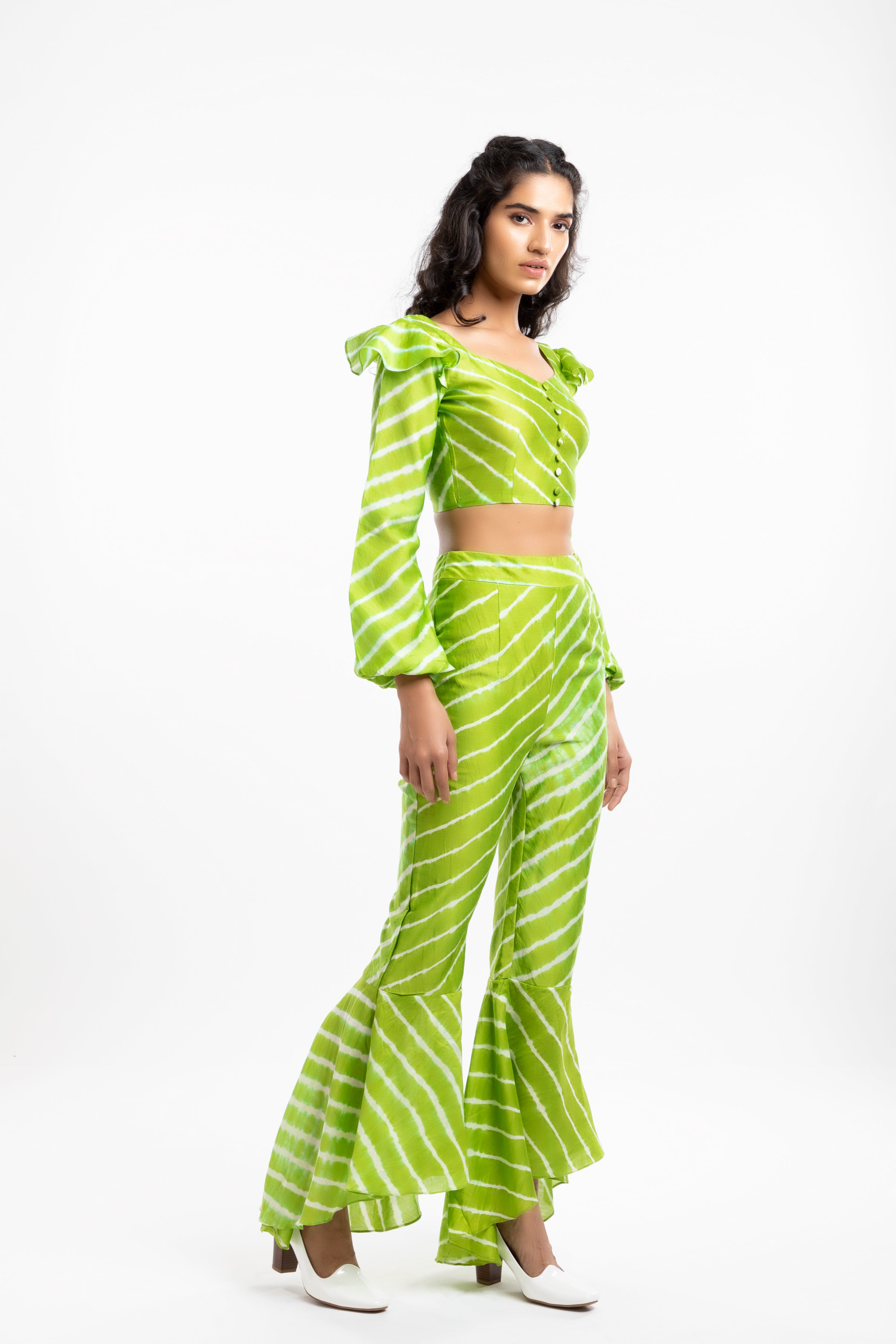 Green Bishop Sleeves Crop Top by House Of Ara with Casual Wear, Chanderi, Cotton, Crop Tops, Fitted at Bust, Green, Leheriya, Leheriya Collection, Natural, Silk, Stripes, Womenswear at Kamakhyaa for sustainable fashion