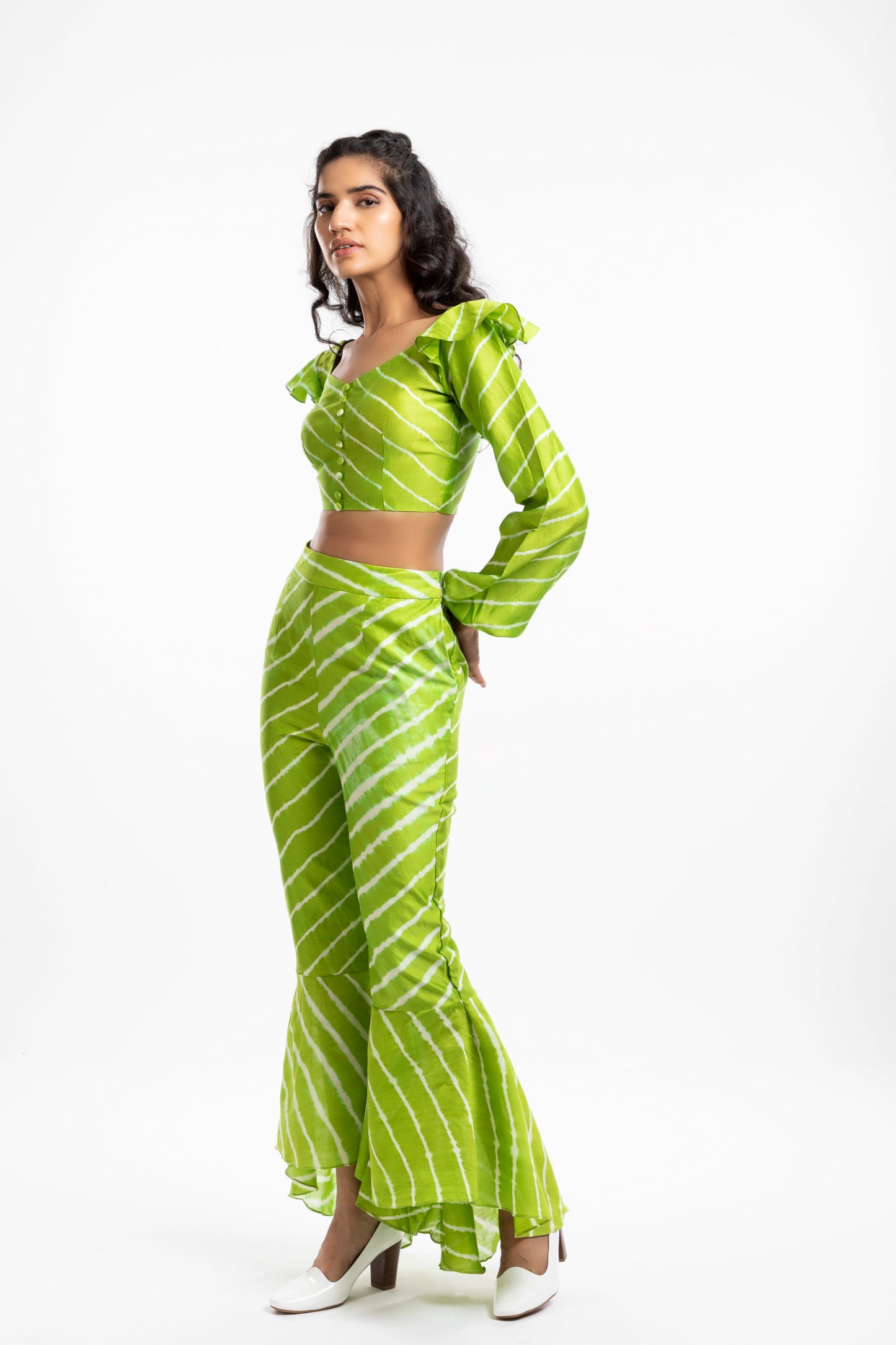 Green Bishop Sleeves Crop Top by House Of Ara with Casual Wear, Chanderi, Cotton, Crop Tops, Fitted at Bust, Green, Leheriya, Leheriya Collection, Natural, Silk, Stripes, Womenswear at Kamakhyaa for sustainable fashion