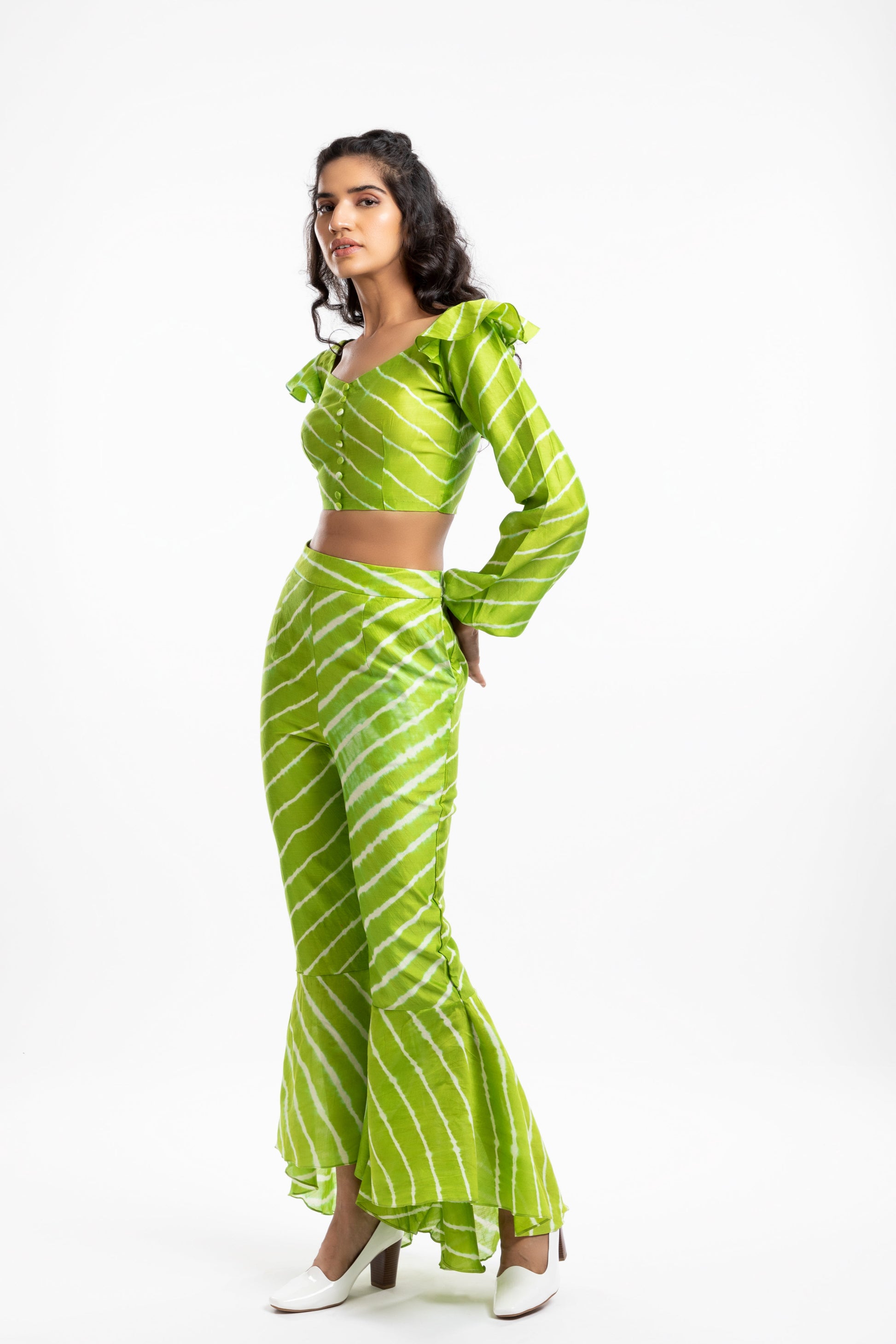 Green Bishop Sleeves Crop Top by House Of Ara with Casual Wear, Chanderi, Cotton, Crop Tops, Fitted at Bust, Green, Leheriya, Leheriya Collection, Natural, Silk, Stripes, Womenswear at Kamakhyaa for sustainable fashion