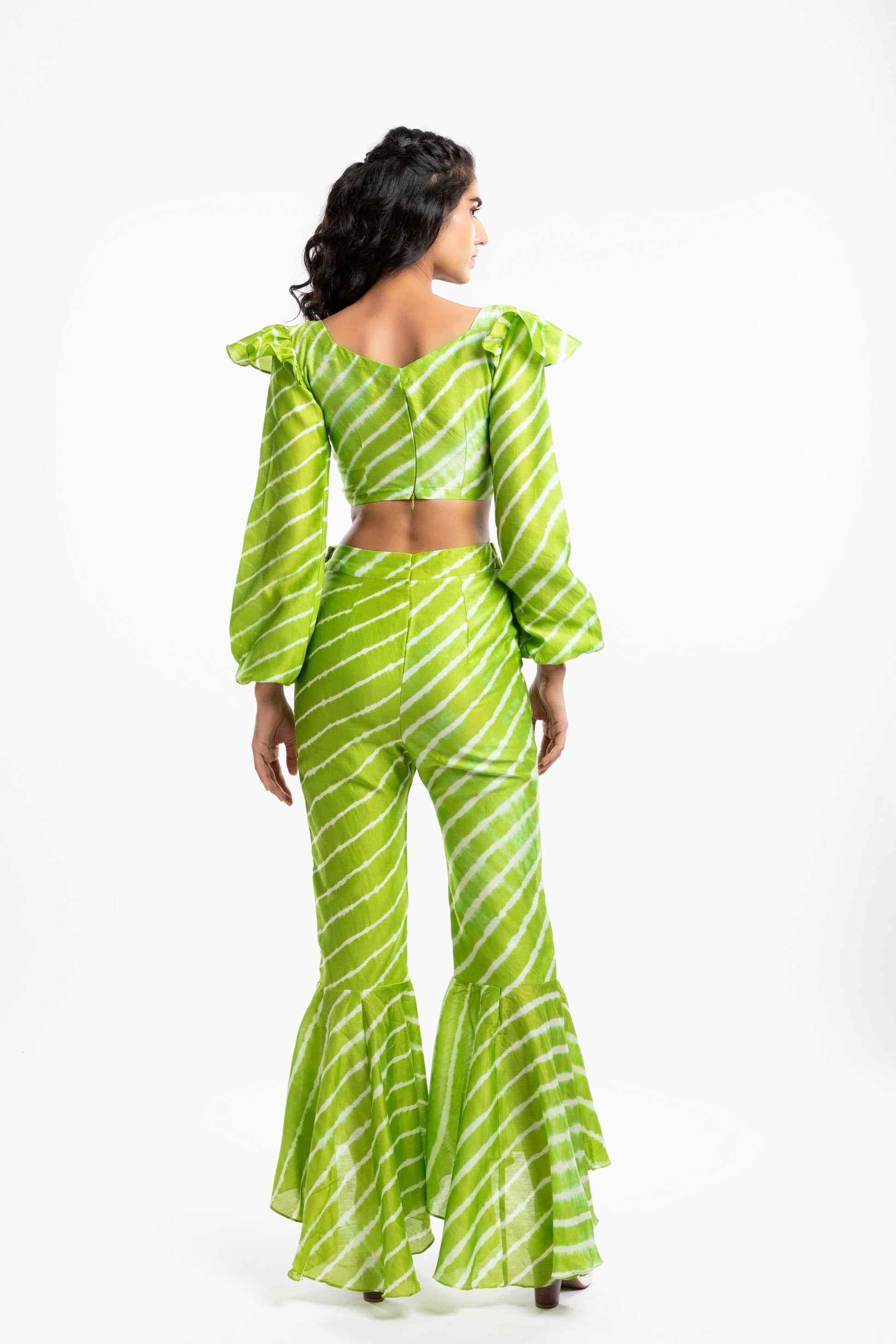 Green Bishop Sleeves Crop Top by House Of Ara with Casual Wear, Chanderi, Cotton, Crop Tops, Fitted at Bust, Green, Leheriya, Leheriya Collection, Natural, Silk, Stripes, Womenswear at Kamakhyaa for sustainable fashion