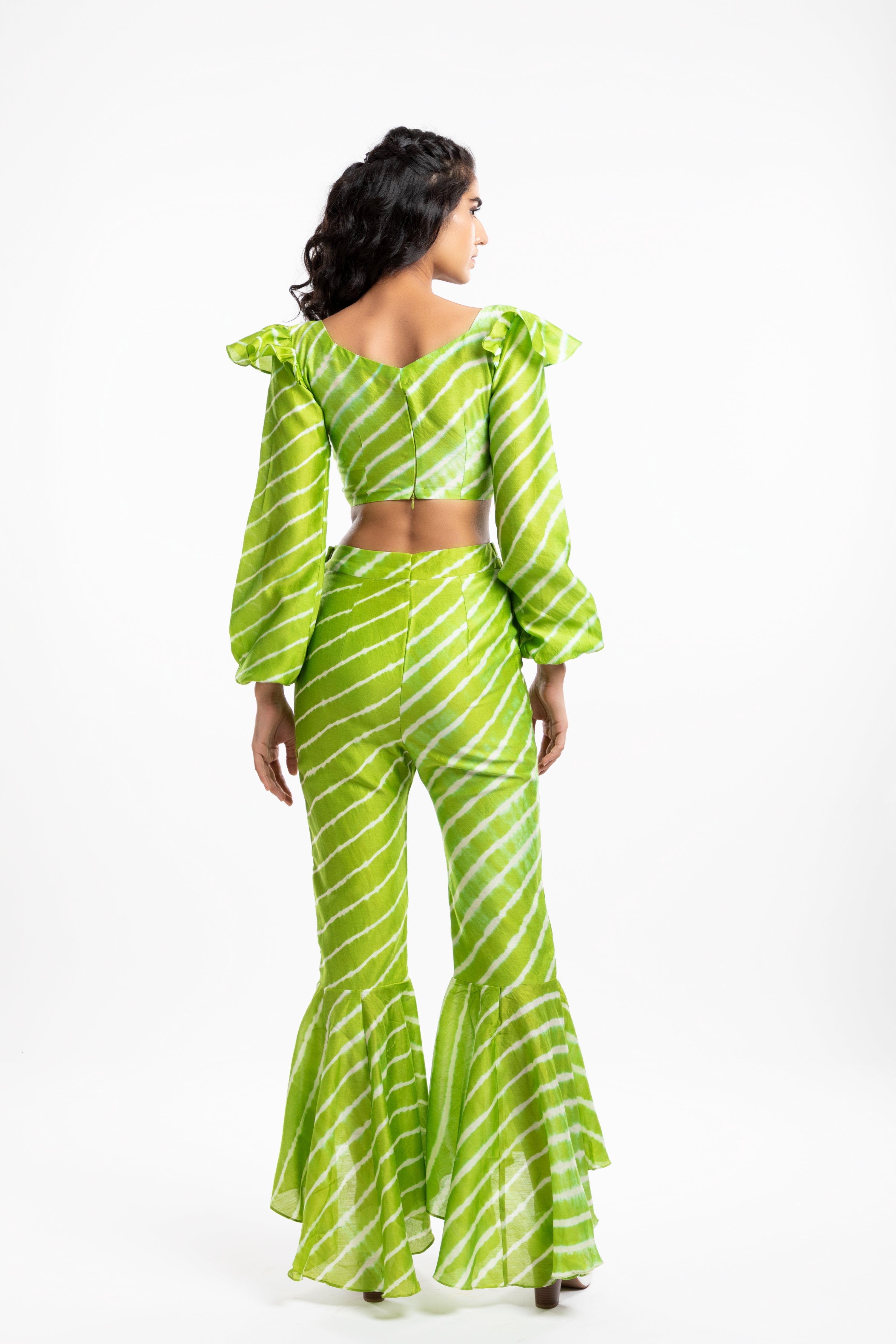 Green Box Pleated Trousers by House Of Ara with Casual Wear, Chanderi, Cotton, Green, Leheriya, Leheriya Collection, Mulmul, Natural, Regular Fit, Silk, Stripes, Trousers, Womenswear at Kamakhyaa for sustainable fashion