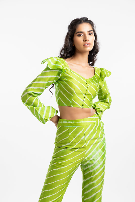 Green Bishop Sleeves Crop Top Ajrakh Collection, Casual Wear, Chanderi, Cotton, Crop Tops, Fitted at Bust, Fitted Fit, Green, Leheriya Collection, Natural, Silk, Stripes Kamakhyaa