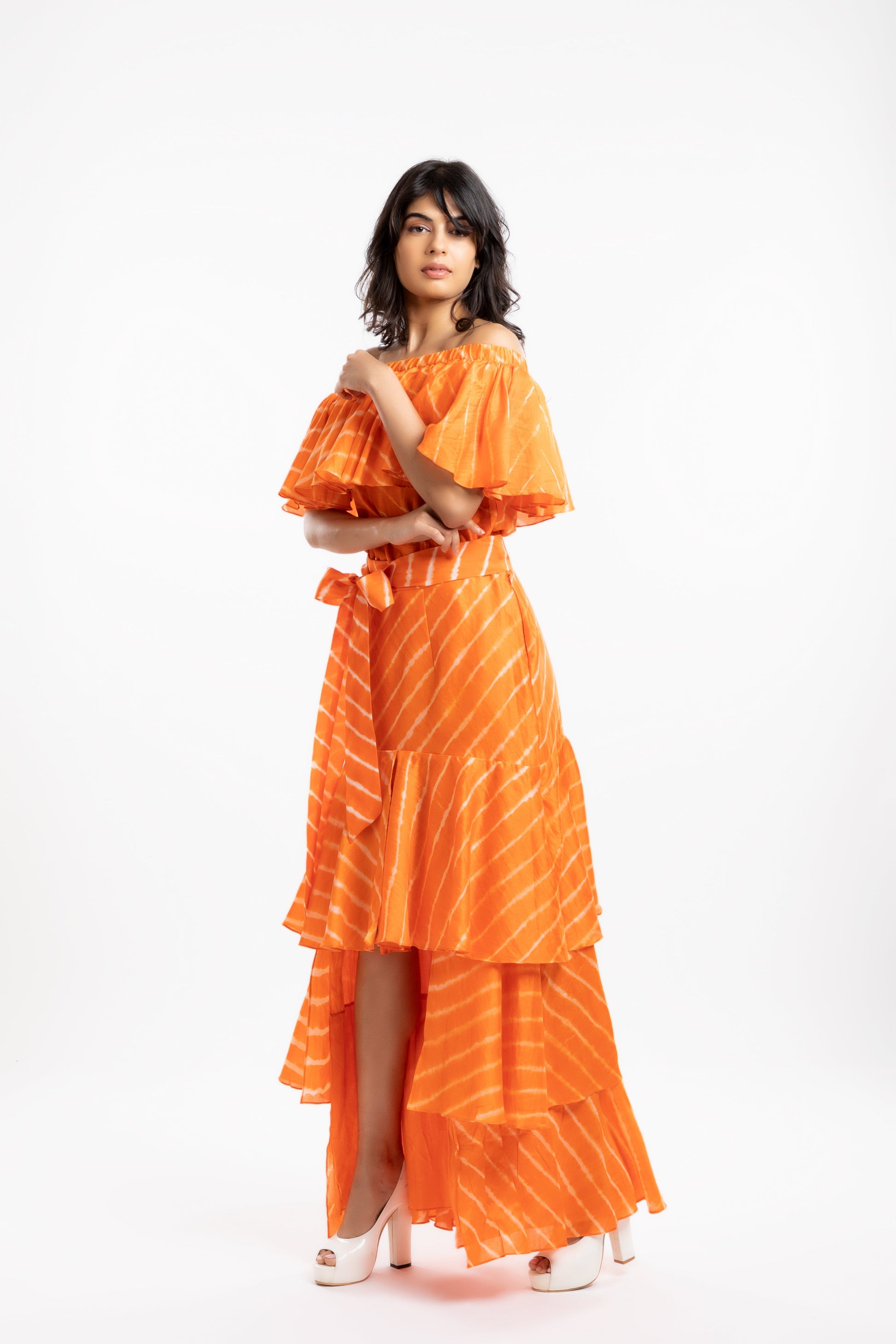 Orange Off-The-Shoulder Top by House Of Ara with Casual Wear, Chanderi, Cotton, Leheriya, Leheriya Collection, Natural, Off-shoulder Tops, Orange, Regular Fit, Shoulder Tops, Stripes, Womenswear at Kamakhyaa for sustainable fashion