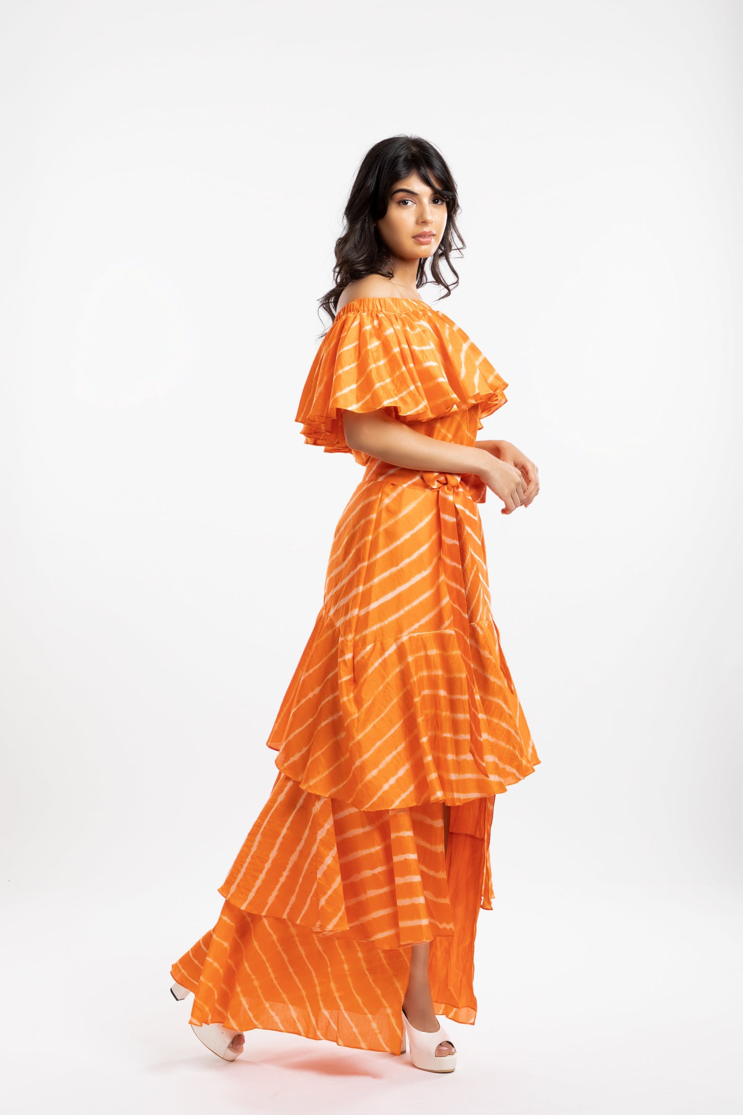 Orange Off-The-Shoulder Top by House Of Ara with Casual Wear, Chanderi, Cotton, Leheriya, Leheriya Collection, Natural, Off-shoulder Tops, Orange, Regular Fit, Shoulder Tops, Stripes, Womenswear at Kamakhyaa for sustainable fashion