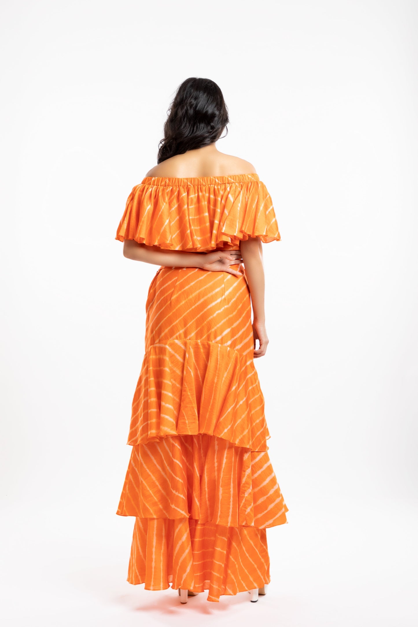 Orange Off-The-Shoulder Top by House Of Ara with Casual Wear, Chanderi, Cotton, Leheriya, Leheriya Collection, Natural, Off-shoulder Tops, Orange, Regular Fit, Shoulder Tops, Stripes, Womenswear at Kamakhyaa for sustainable fashion