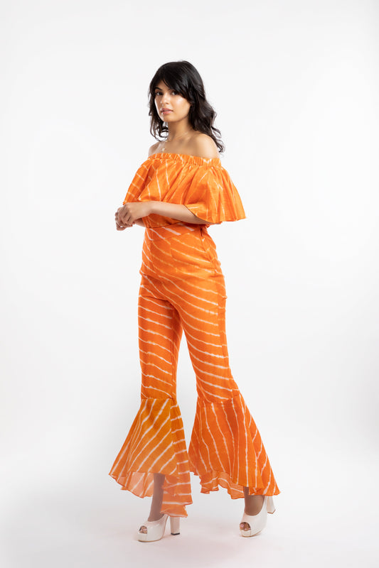 Orange High-Low Flare Trousers by House Of Ara with Casual Wear, Chanderi, Fitted at Waist, Leheriya, Leheriya Collection, Natural, Orange, Stripes, Trousers, Womenswear at Kamakhyaa for sustainable fashion