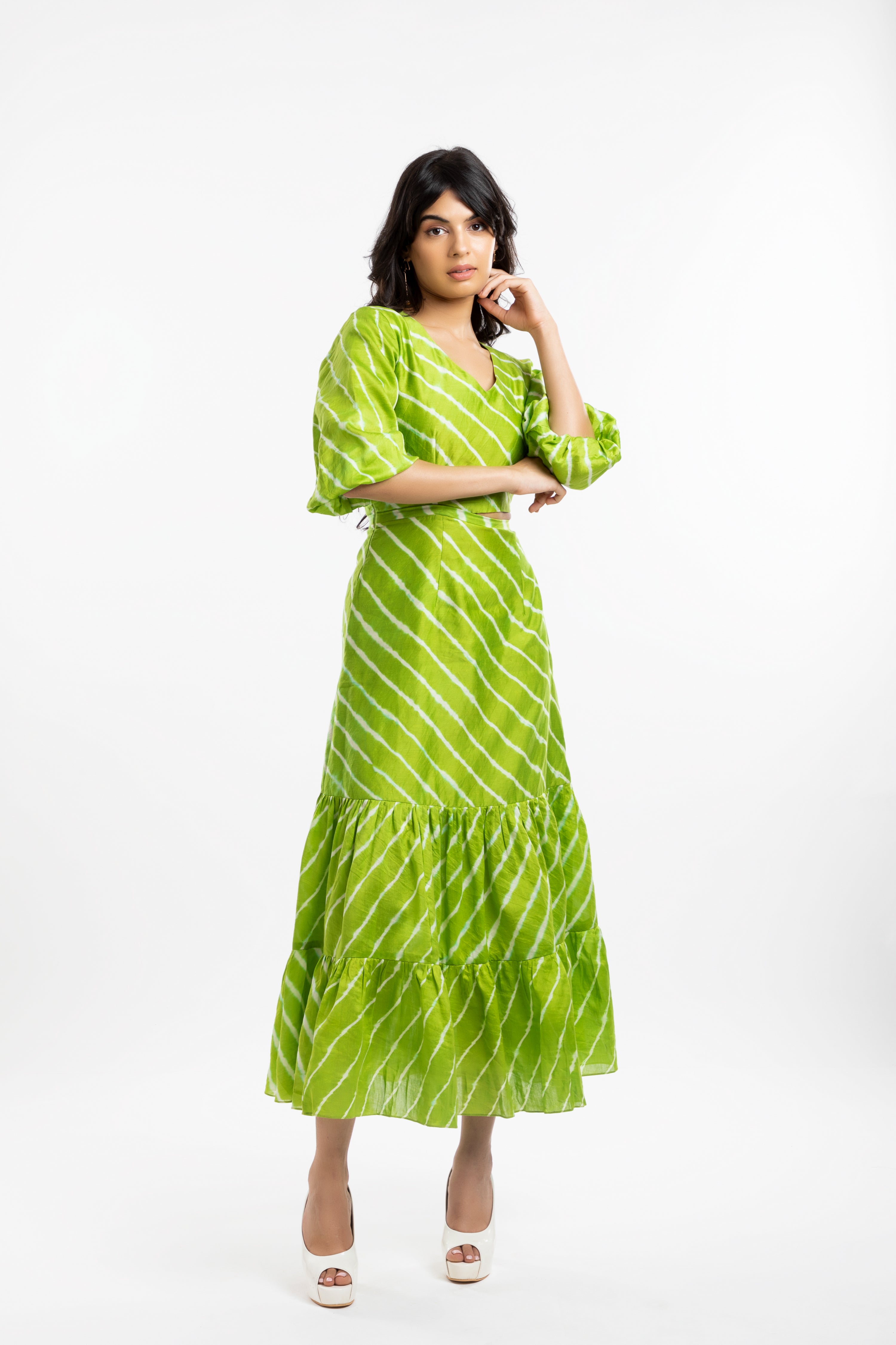 Green Cutout Dress by House Of Ara with Casual Wear, Chanderi, Cut Out Dresses, Green, Leheriya, Leheriya Collection, Maxi Dresses, Natural, Regular Fit, Silk, Stripes, Tiered Dresses, Womenswear at Kamakhyaa for sustainable fashion