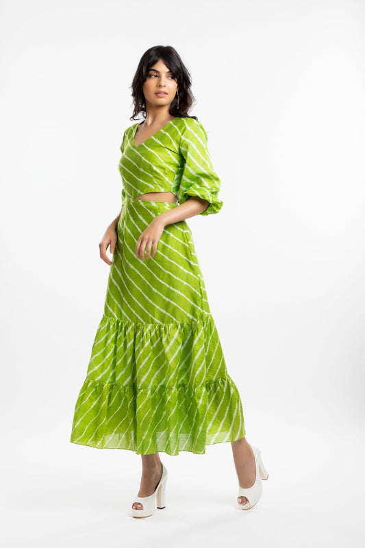 Green Cutout Dress by House Of Ara with Casual Wear, Chanderi, Cut Out Dresses, Green, Leheriya, Leheriya Collection, Maxi Dresses, Natural, Regular Fit, Silk, Stripes, Tiered Dresses, Womenswear at Kamakhyaa for sustainable fashion