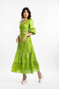 Green Cutout Dress by House Of Ara with Casual Wear, Chanderi, Cut Out Dresses, Green, Leheriya, Leheriya Collection, Maxi Dresses, Natural, Regular Fit, Silk, Stripes, Tiered Dresses, Womenswear at Kamakhyaa for sustainable fashion