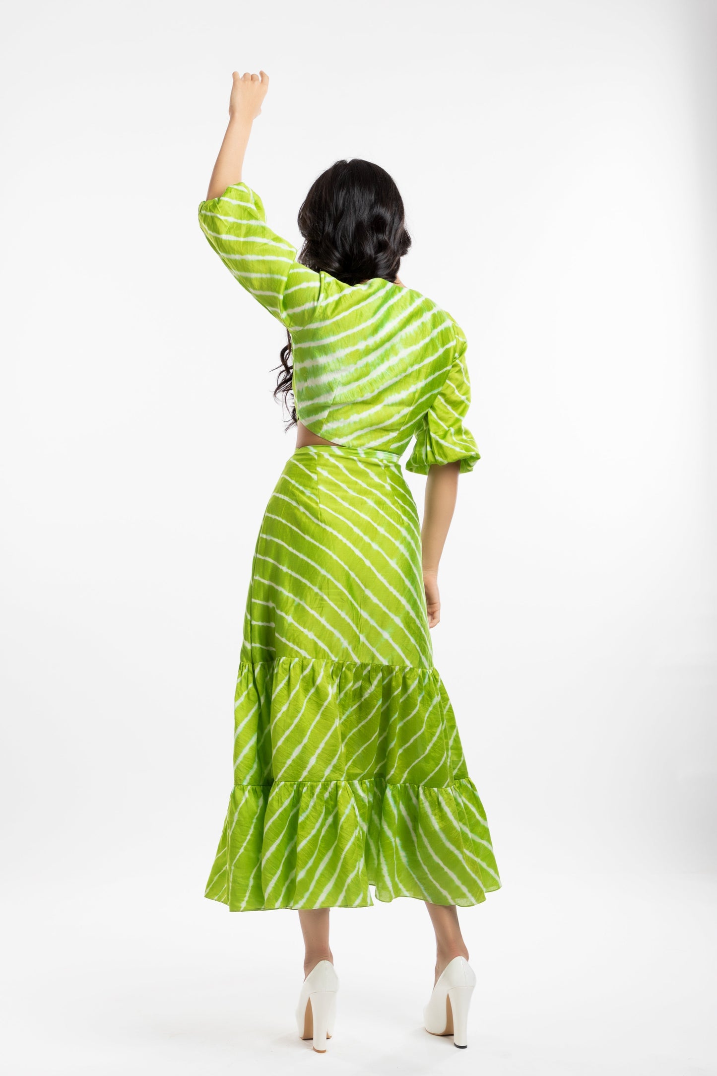 Green Cutout Dress by House Of Ara with Casual Wear, Chanderi, Cut Out Dresses, Green, Leheriya, Leheriya Collection, Maxi Dresses, Natural, Regular Fit, Silk, Stripes, Tiered Dresses, Womenswear at Kamakhyaa for sustainable fashion