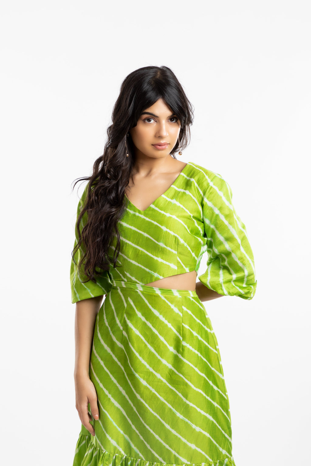 Green Cutout Dress by House Of Ara with Casual Wear, Chanderi, Cut Out Dresses, Green, Leheriya, Leheriya Collection, Maxi Dresses, Natural, Regular Fit, Silk, Stripes, Tiered Dresses, Womenswear at Kamakhyaa for sustainable fashion