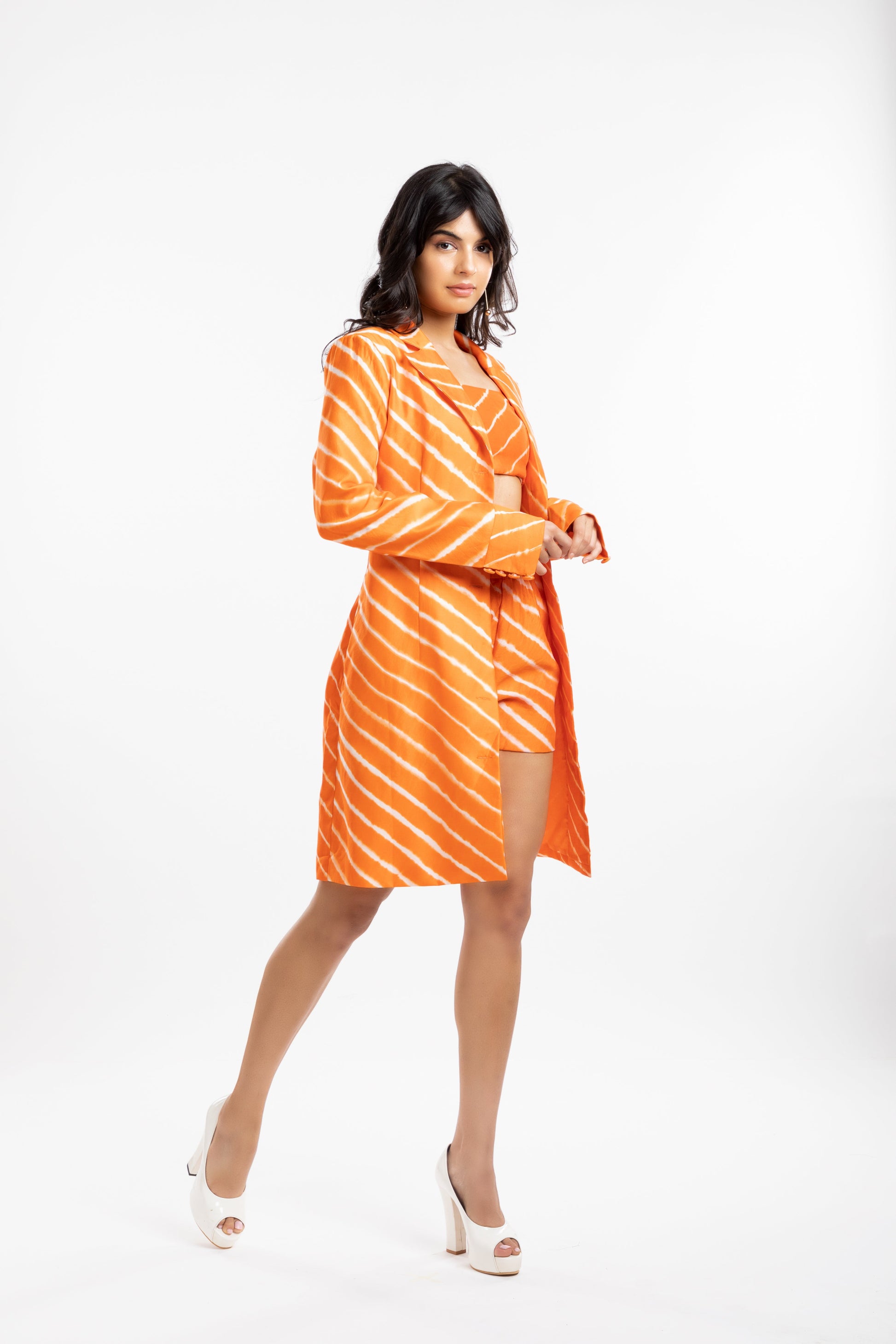 Orange Coat by House Of Ara with Casual Wear, Chanderi, Coats, Cotton, Leheriya, Leheriya Collection, Natural, Orange, Regular Fit, Silk, Stripes, Womenswear at Kamakhyaa for sustainable fashion