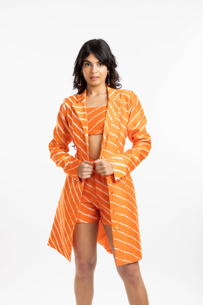 Orange Coat by House Of Ara with Casual Wear, Chanderi, Coats, Cotton, Leheriya, Leheriya Collection, Natural, Orange, Regular Fit, Silk, Stripes, Womenswear at Kamakhyaa for sustainable fashion