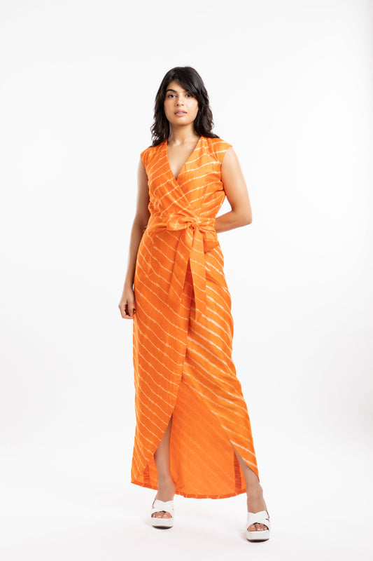 Orange Belted Dress by House Of Ara with Casual Wear, Chanderi, Leheriya, Leheriya Collection, Natural, Orange, Regular Fit, Stripes, Womenswear, Wrap Dresses at Kamakhyaa for sustainable fashion