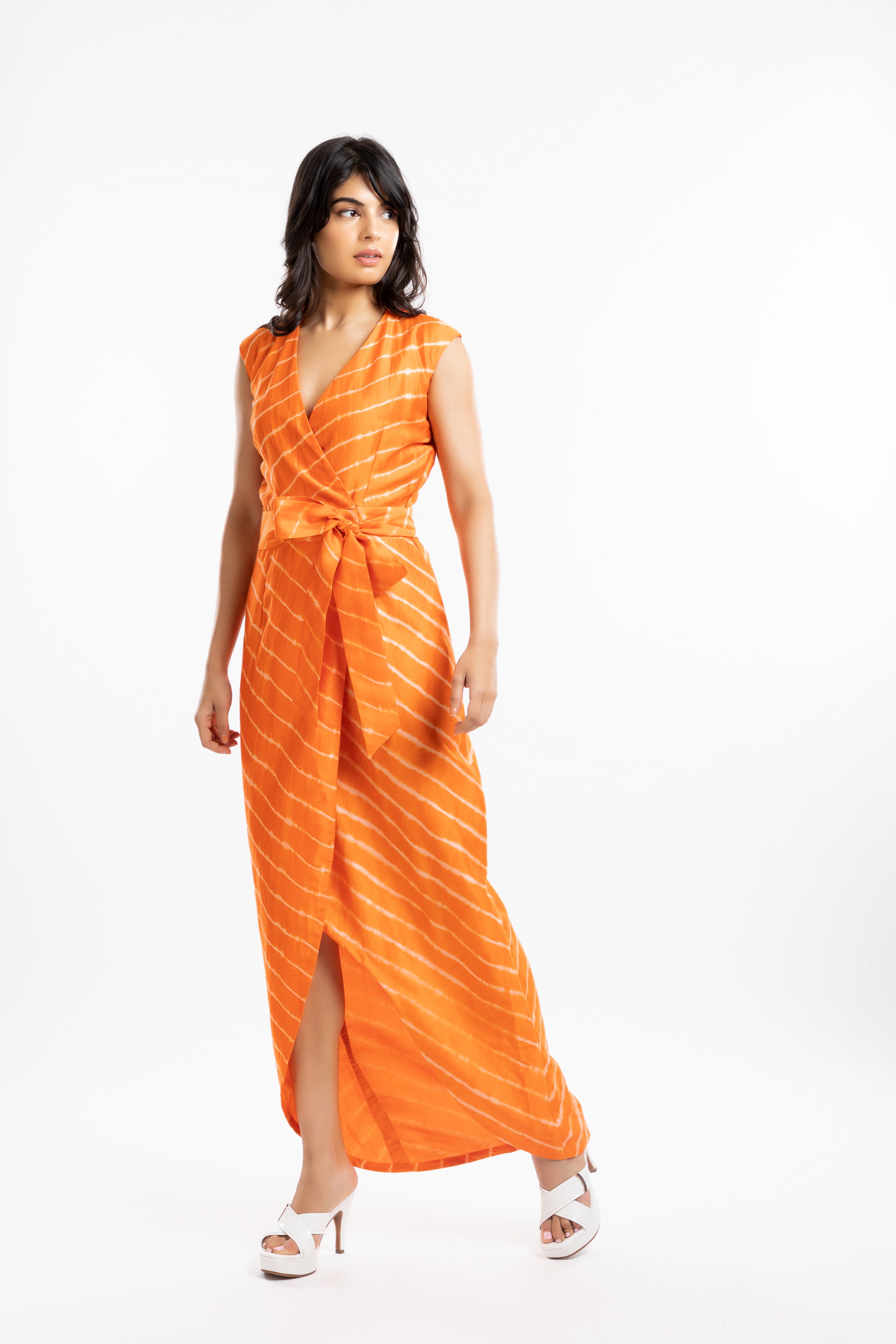 Orange Belted Dress by House Of Ara with Casual Wear, Chanderi, Leheriya, Leheriya Collection, Natural, Orange, Regular Fit, Stripes, Womenswear, Wrap Dresses at Kamakhyaa for sustainable fashion