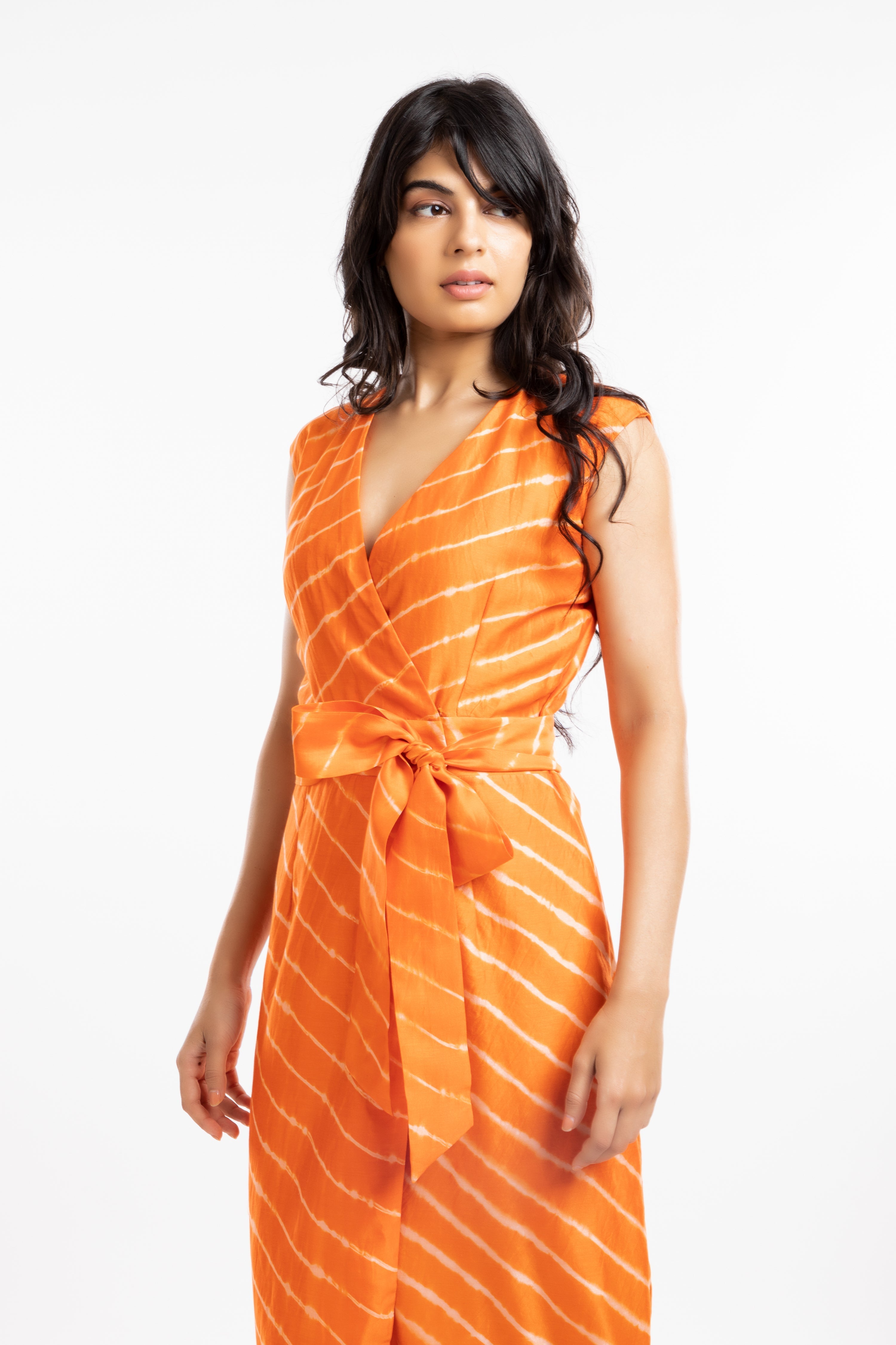 Orange Belted Dress by House Of Ara with Casual Wear, Chanderi, Leheriya, Leheriya Collection, Natural, Orange, Regular Fit, Stripes, Womenswear, Wrap Dresses at Kamakhyaa for sustainable fashion