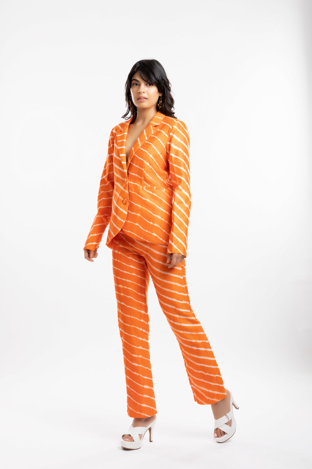 Orange Blazer by House Of Ara with Blazers, Casual Wear, Chanderi, Cotton, Leheriya, Leheriya Collection, Mulmul, Natural, Orange, Regular Fit, Silk, Stripes, Womenswear at Kamakhyaa for sustainable fashion