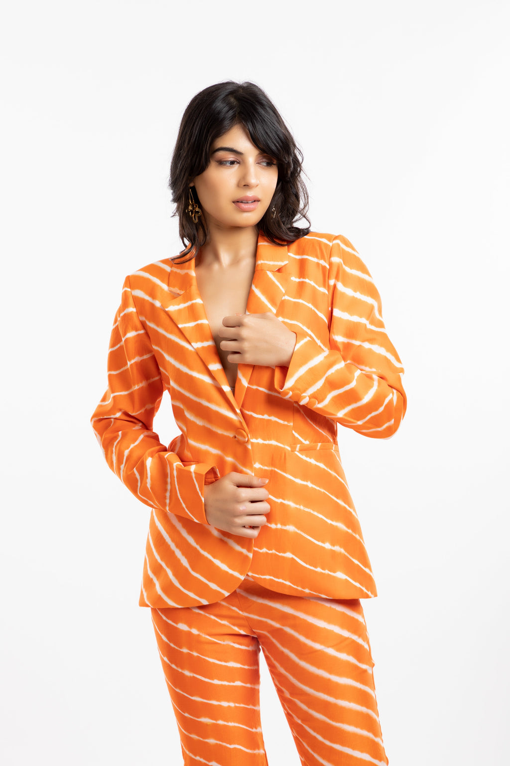 Orange Blazer by House Of Ara with Blazers, Casual Wear, Chanderi, Cotton, Leheriya, Leheriya Collection, Mulmul, Natural, Orange, Regular Fit, Silk, Stripes, Womenswear at Kamakhyaa for sustainable fashion