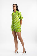 Green Shirt by House Of Ara with Casual Wear, Chanderi, Cotton, Green, Leheriya, Leheriya Collection, Natural, Regular Fit, Shirts, Silk, Stripes, Womenswear at Kamakhyaa for sustainable fashion